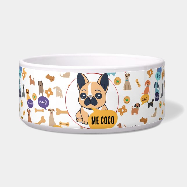 Custom French Bulldog Dog Bowl – Funny Woof Design (Front)