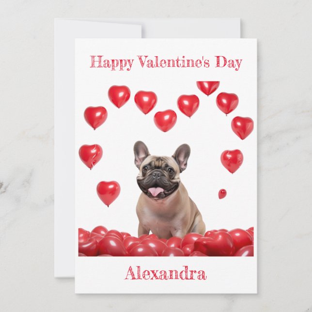 Custom French Bulldog Heart Balloons Valentine Holiday Card (Front)