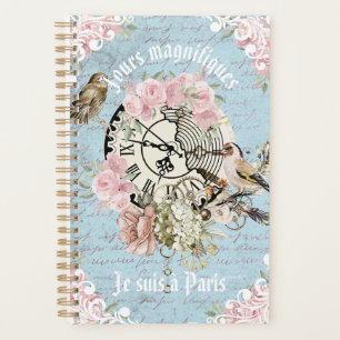 Custom French Ephemera artwork Birds flowers blue Planner