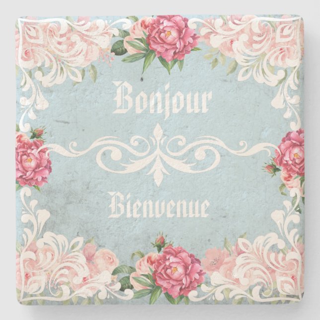 Custom french letters white lace botanical artsy stone coaster (Front)