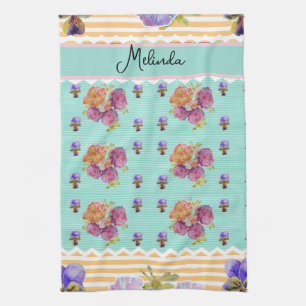 Custom French Pastel Purple Aqua Pansy Womans Name Kitchen Towel