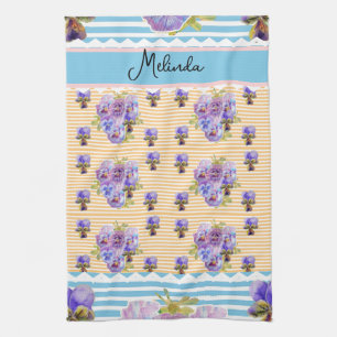 Custom French Pastel Yellow Blue Pansy Womans Name Kitchen Towel