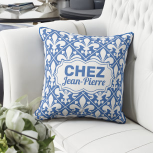 Custom French Text blue and white Fleur de lys Throw Pillow