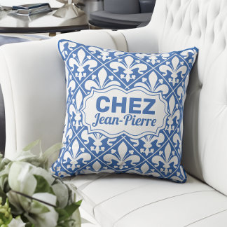 Custom French Text blue and white Fleur de lys Throw Pillow