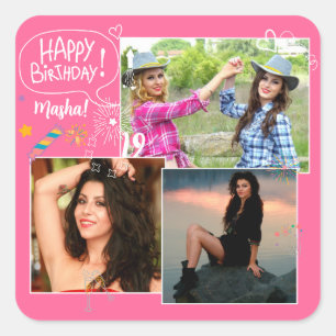 Custom Friend Happy Birthday Photo Collage  Square Sticker