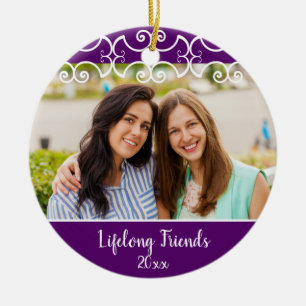 Custom Friends 2-Sided Photo Purple Christmas Ceramic Ornament