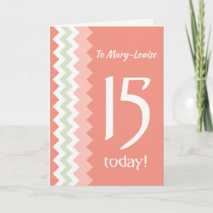 Custom Front 15th Birthday, Coral, Mint Chevrons Card