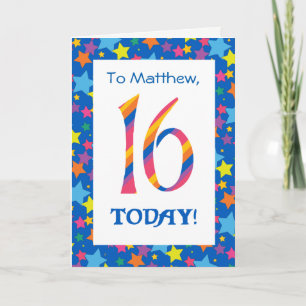 Custom Front 16th Birthday Bright Stripes, Stars Card