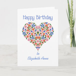 Custom Front Folk Art Floral Heart Birthday Card