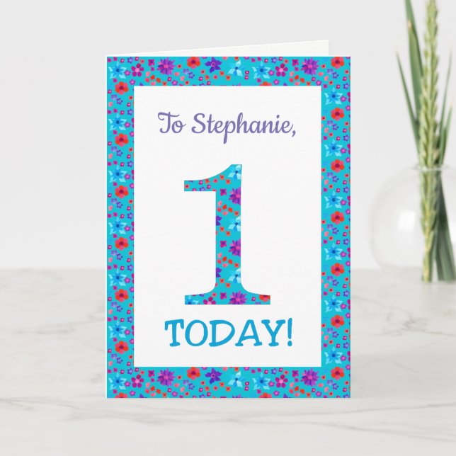 Custom Front Pretty Floral 1st Birthday Card Blue (Front)