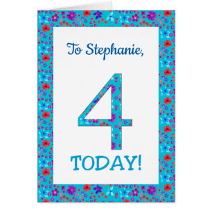 Custom Front Pretty Floral 4th Birthday Card Blue