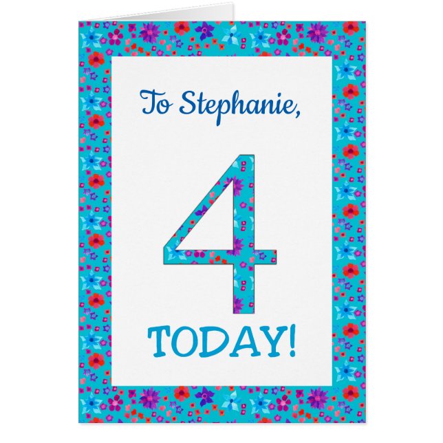 Custom Front Pretty Floral 4th Birthday Card Blue (Front)