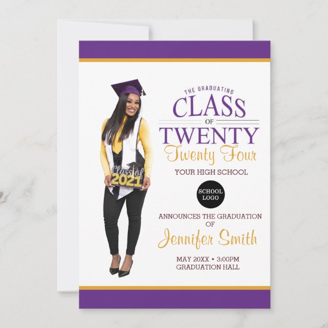 Custom Full Body Photo Purple and Gold Graduation Invitation (Front)