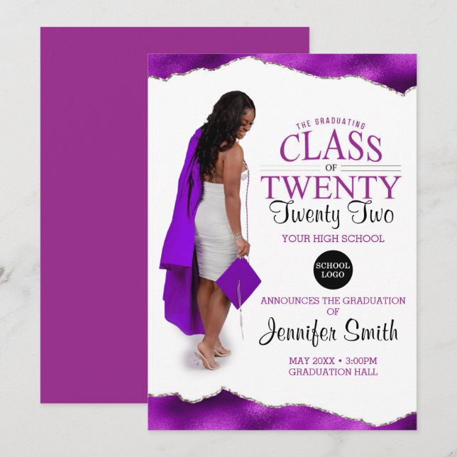 Custom Full Body Photo Purple Graduation Invitation (Front/Back)