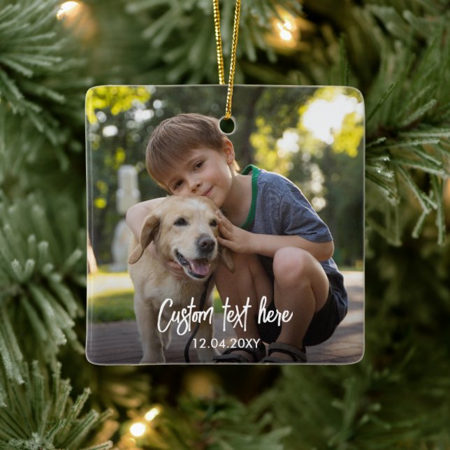 Custom Full Two Photo Script Text Christmas Ceramic Ornament (Tree)