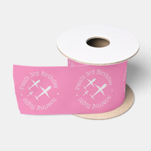 Custom Fun Airplanes in Formation, Pink Birthday Satin Ribbon