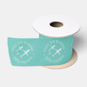 Custom Fun Airplanes in Formation, Teal Birthday Satin Ribbon