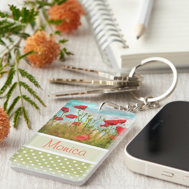 Custom Fun Classic Red Poppy Flowers Meadow Field Keychain (Front Right)