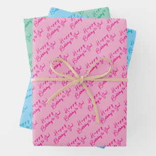 Custom Fun Happy Birthday Pattern Pink Blue Green Wrapping Paper Sheet