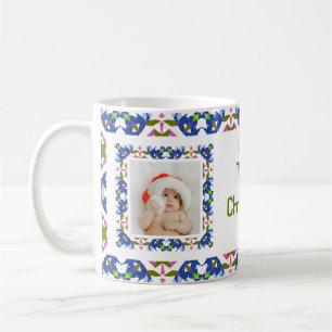 Custom Fun Jolly Blue Christmas Pattern Photo Tea Coffee Mug