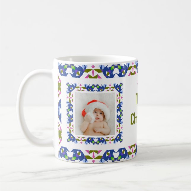 Custom Fun Jolly Blue Christmas Pattern Photo Tea Coffee Mug (Left)