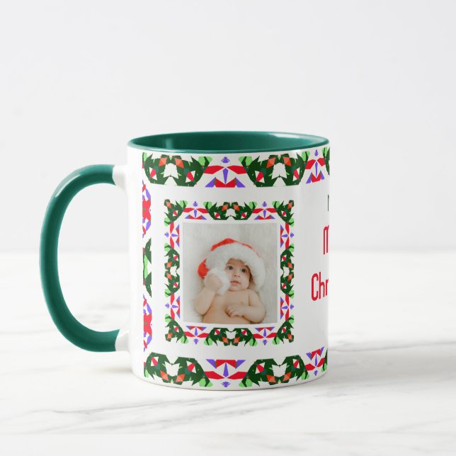Custom Fun Jolly Christmas Green Pattern Photo Tea Mug (Left)