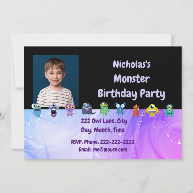 Custom Fun Monster Birthday Party Invitation (Back)