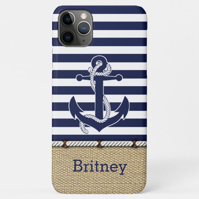 Custom Fun Navy Blue White Stripe Faux Jute Burlap Case-Mate iPhone Case (Back)