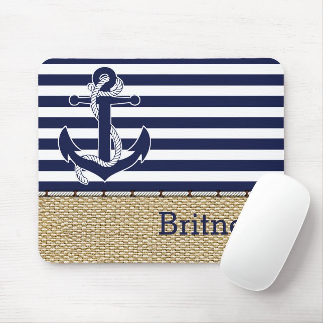 Custom Fun Navy Blue White Stripe Faux Jute Burlap Mouse Pad (With Mouse)
