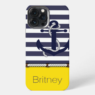 Custom Fun Navy Blue White Stripe Summer Yellow iPhone 13 Pro Max Case