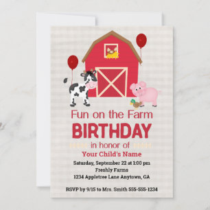 Custom Fun on the Farm Birthday Gingham  Invitation