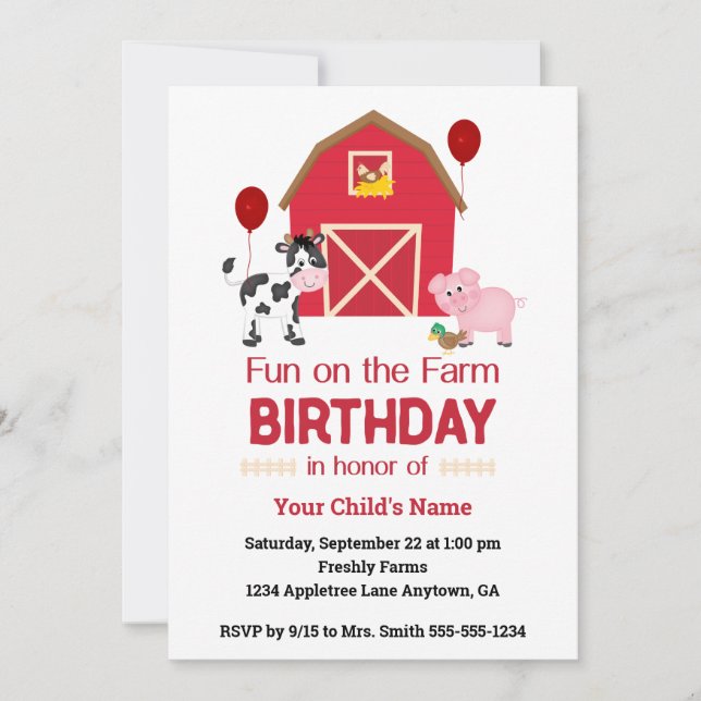 Custom Fun on the Farm Birthday with Animals Invitation (Front)