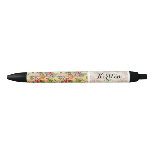 Custom Fun Tropical Pineapple Fruit Floral Pattern Black Ink Pen (Front)