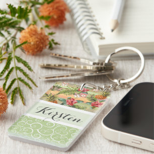 Custom Fun Tropical Pineapple Fruit Flower Pattern Keychain