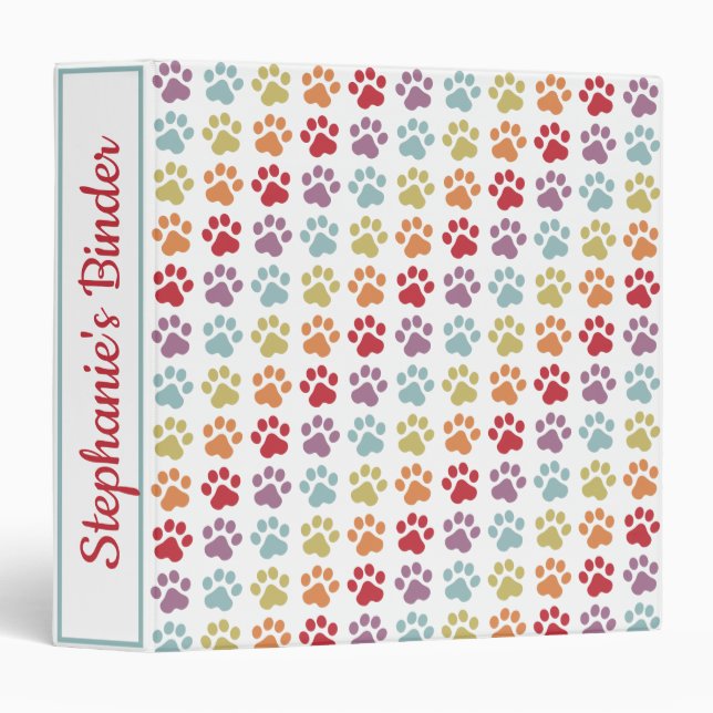 Custom Fun White Rainbow Colour Paw Print Pattern Binder (Front/Spine)