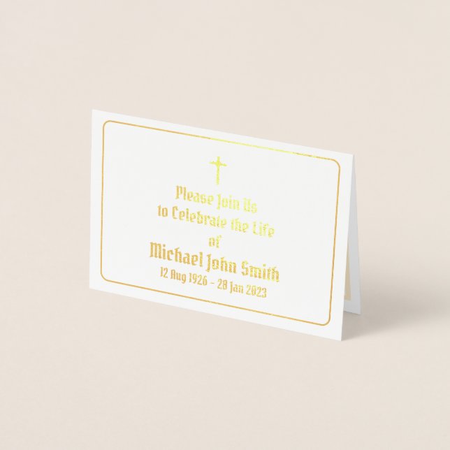 Custom Funeral Gold Foil Cross Ceremony Invitation (Front)