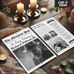Custom Funeral Newspaper w Program, Memorial Card