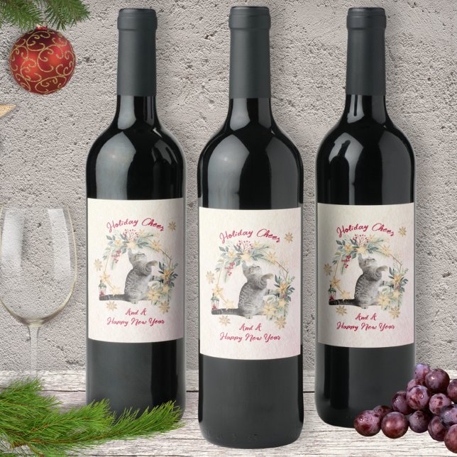 Custom Funny Cat Botanical Holly Berries Christmas Wine Label (Creator Uploaded)