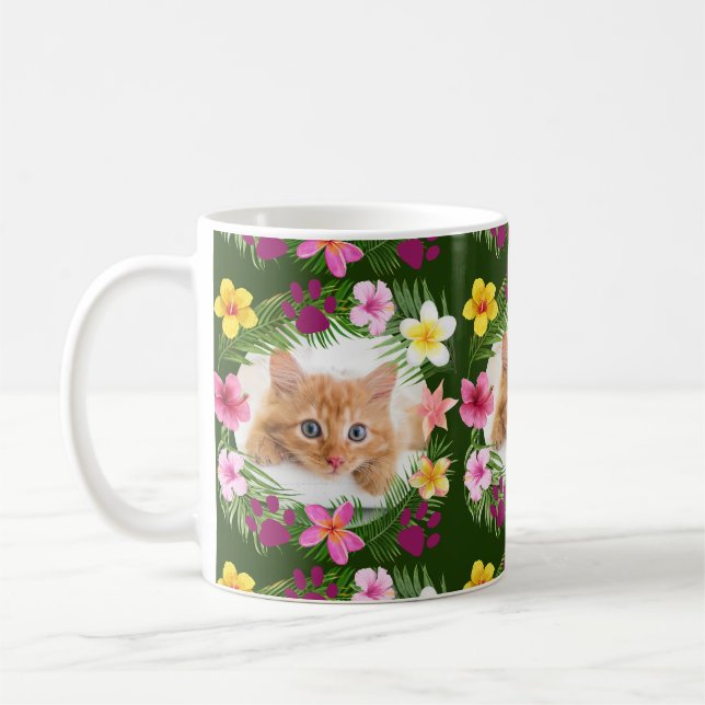 Custom Funny Cat Photo Green Tropical Hawaiian  Coffee Mug (Left)