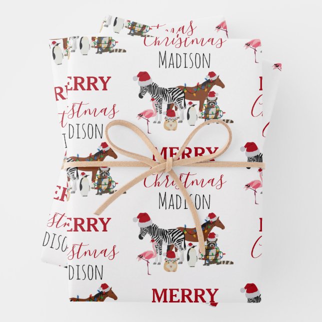 Custom Funny Christmas Animals Santa Hats Lights Wrapping Paper Sheet (In situ)