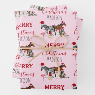 Custom Funny Christmas Animals Santa Hats Lights  Wrapping Paper Sheet