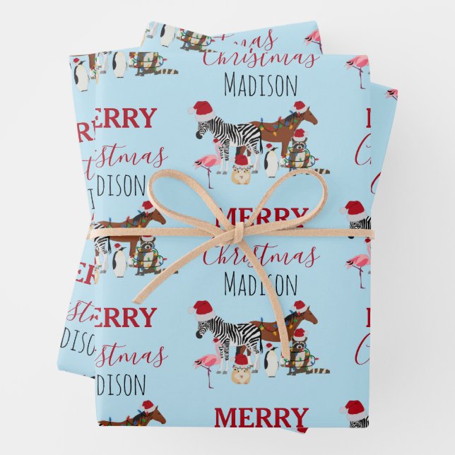 Custom Funny Christmas Animals Santa Hats Lights   Wrapping Paper Sheet (In situ)