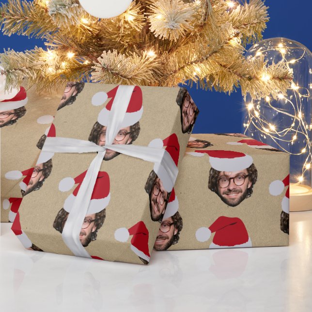 Custom Funny Christmas Santa Hat Face Photo Kraft Wrapping Paper (Holidays)