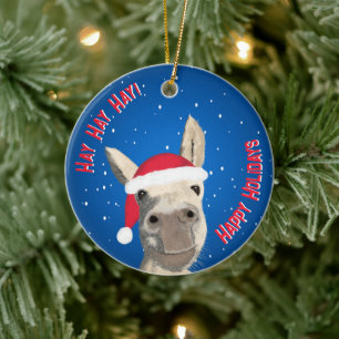 Custom Funny Donkey Santa Pun 2025 Holiday Ceramic Ornament