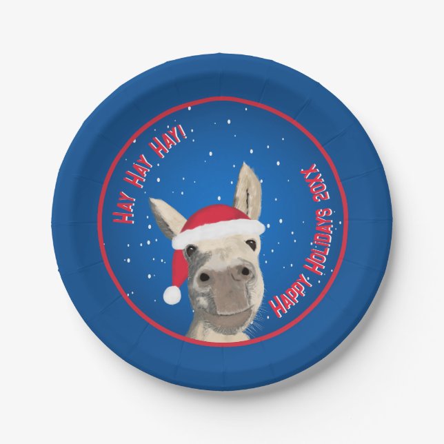 Custom Funny Donkey Santa Pun 2025 Holiday Paper Plate (Front)