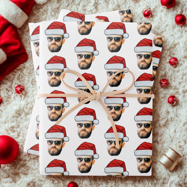 Custom Funny Face Santa Hat Photo Christmas Gift Wrapping Paper Sheet (Creator Uploaded)