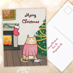 Custom Funny Orange Cat Mouse Under Christmas Tree Holiday Postcard