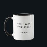 Custom Funny Quote Gift Co-Worker Procrastinator Mug<br><div class="desc">For the professional procrastinator, the serial inbox evader, or the unapologetically over-it office warrior, this "World-Class Email Ignorer" mug is the perfect dose of humour to brighten up any workspace. Featuring a clean black-and-white design with bold, minimalist text and a customizable name option, this mug is an ideal gift for...</div>