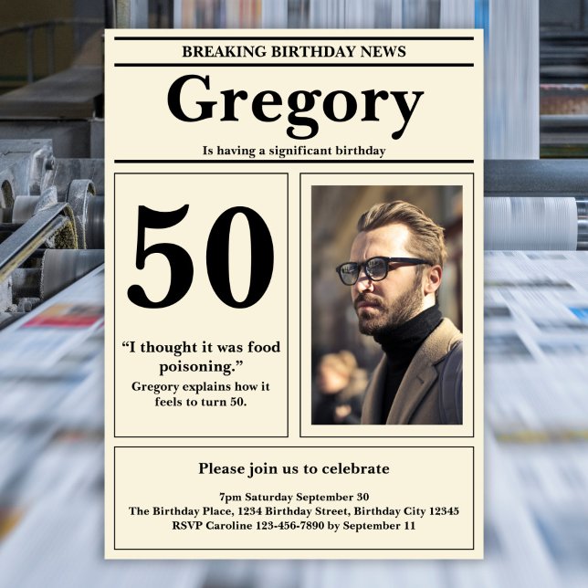 Custom Funny Quote Retro Newspaper 50th Birthday Invitation (Creator Uploaded)