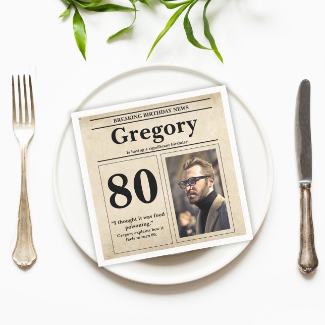 Custom Funny Quote Retro Newspaper 80th Birthday Napkin (Creator Uploaded)